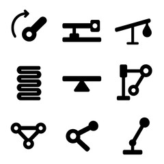 Kinetic Sculpture Icon Set. Solid, Filled icon set of kinetic sculpture elements: rotating arm, sliding joint, counterweight,