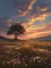 Golden hour sunset landscape with lone tree in field of wildflowers.