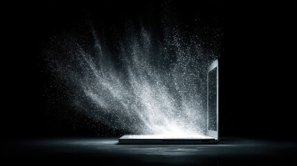 Laptop with multipe particles flow coming out from the glowing white screen on a black background, data and information concept, no logos, no brands