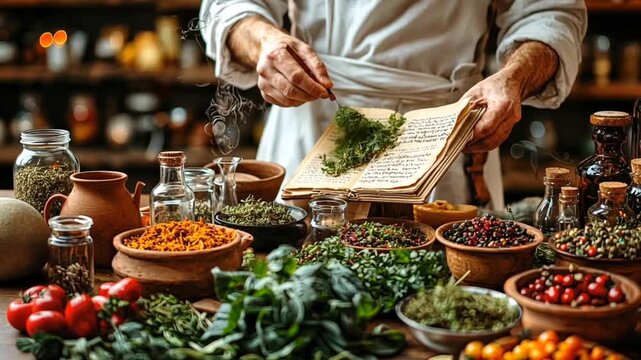 Herbalist selecting leaves from a book amidst various ingredients on a wooden table