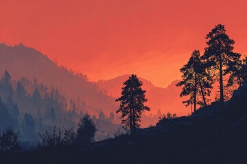 Majestic mountain range illuminated by a vibrant sunset casting colorful hues across the landscape and silhouettes of tall trees