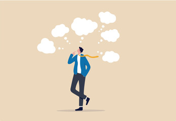 Too many thinking ideas, overwhelmed issues or busy problem to be solved, contemplation solutions for troble, concerned or anxiety concept, businessman thinking with many thinking bubbles