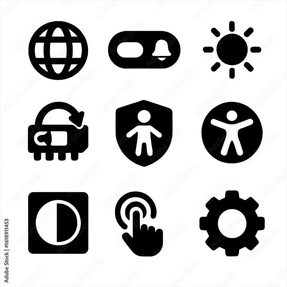 Poster control panel icons. solid, filled icons set of control panel customization options: language icon, 
