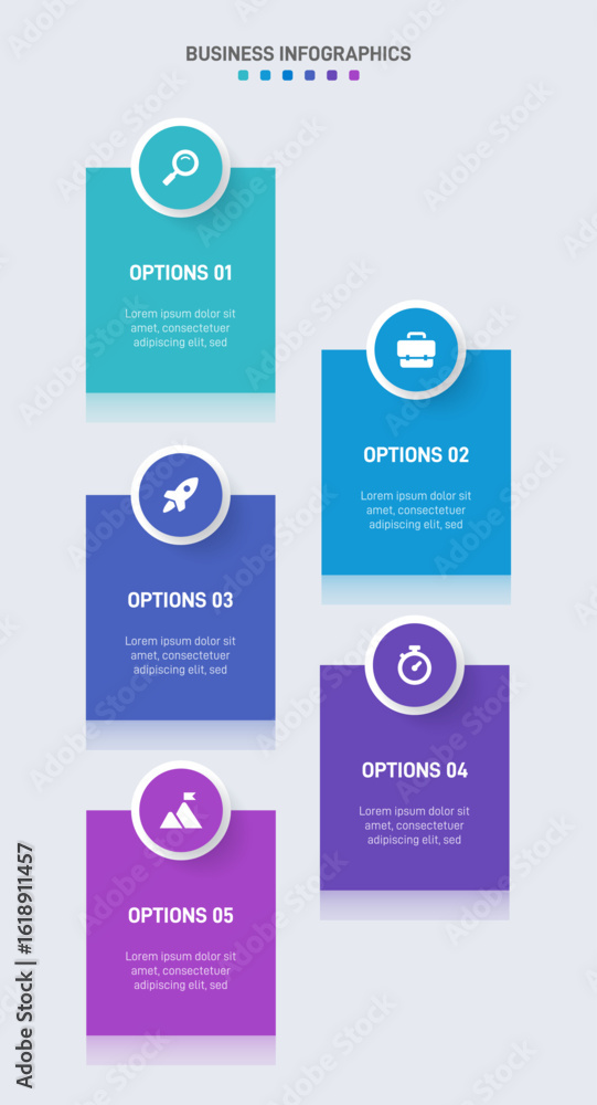 Poster vertical progress bar featuring 5 arrow-shaped elements, symbolizing the five stages of business str