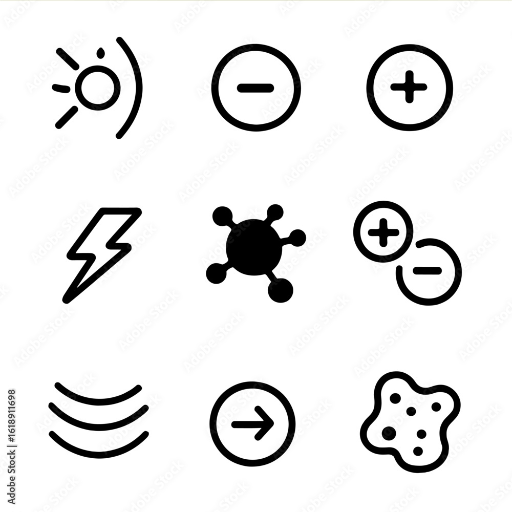 Poster cosmic elements icon set. solid, filled icon set of cosmic elements and particles: photon, electron,