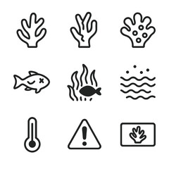 Fototapeta premium Coral Bleaching Icons. Solid, filled icon set of coral bleaching symptoms: white coral, cracked coral, faded colors, dead fish,
