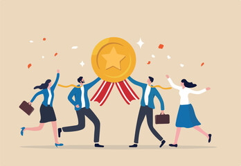 Team achievement, high quality employees, teamwork to help success together, best quality service reward, high performance staffs concept, business people celebrate high quality badge achievement