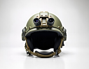 Tactical military helmet with night vision goggles on an isolated white background, ideal for defense, security, and technology-related projects.