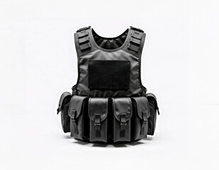 Tactical military vest with multiple pouches and a patch area, isolated on a white background, ideal for defense, security, and military-themed projects.