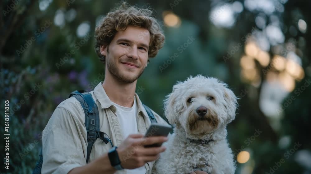 Poster a man boosts productivity by using a smartwatch app while walking his dog in the park during a flexi
