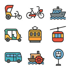 Local Transport Icons. Flat icon set of local transport adventures: rickshaw, bicycle taxi, ferry boat, tuk-tuk, vintage tram,