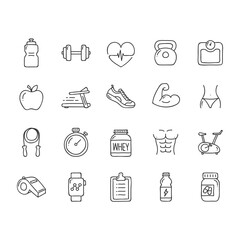 Hand drawn fitness and health icons set with exercise equipment and healthy food