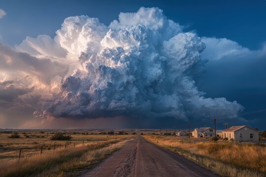 Distant powerful storm cloud looms over a rural road in Texas during evening sunlight, dramatic landscape near houses, field with grass