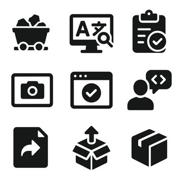 Localization Workflow Icons. Solid, Filled icon set of localization workflow steps: resource extraction, translation memory lookup