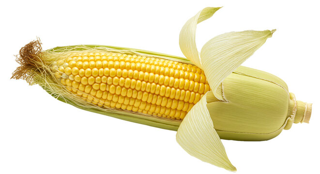 A single ear of corn with some of the husk peeled back revealing the yellow kernels on a black background on transparent background