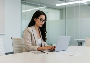 Focused professional woman with glasses working diligently on a laptop computer in a modern office setting with bright lighting