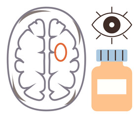 Brain diagram with orange-highlighted area, stylized eye, and medication bottle emphasizes neurology concepts. Ideal for healthcare, science, research, neurology, vision care, treatment and mental