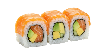 Close up of three pieces of salmon sushi rolls with avocado and mango on a black background on transparent background