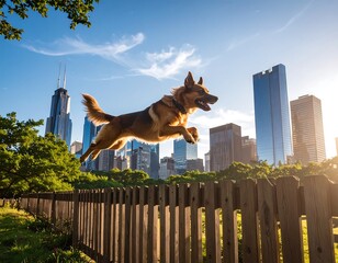 Dog leaping over fence in city park