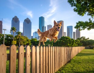 Dog jumps over fence, city skyline