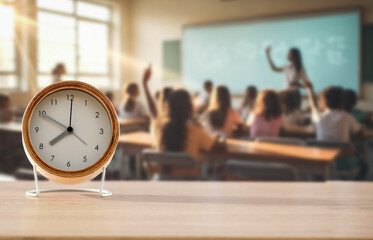 Alarm clock placed on student’s desk in bright classroom with students and teacher. Back-to-school, time management, academic discipline, educational routines and student lifestyle concept.