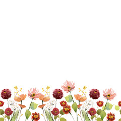 Watercolor Autumn Floral Border - Seamless Fall Flowers Clipart for Fabric, Wallpaper illustration on transparent background. Horizontal floral plants frame