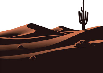 Stylized desert landscape with saguaro cactus and sand dunes in gradient brown tones