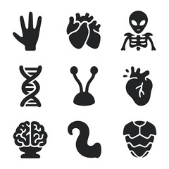 Fototapeta premium Alien Anatomy Icons. Solid, filled icons set of alien anatomy and biology: three-fingered hand, multiple