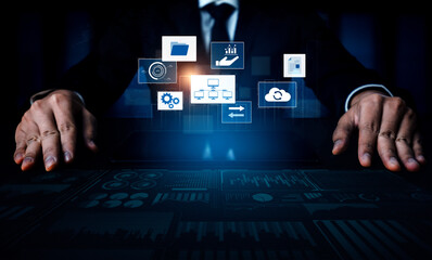 Digital business infrastructure with data system, analytics, sync. System management improves...