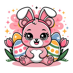 Fototapeta premium Cute Easter bunny bear with colorful eggs and tulips isolated on transparent background