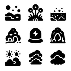 Alien Environment Icons. Solid, filled icons set of alien environments and habitats: alien planet surface,