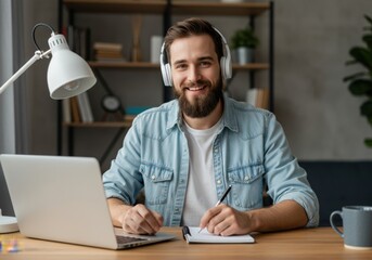 Fototapeta premium Smiling bearded man wearing headphones works diligently at his laptop taking notes in a notebook focused on his task
