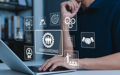 Onboarding New Employee Process Concept. Person working on laptop with icons representing the...