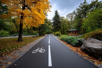 Obraz premium Bicycle Lane Marked on Asphalt Road in City Park Surrounded by Trees