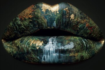 Lips adorned with a serene landscape featuring a waterfall and lush greenery. The creative design blends natural beauty with human artistry.