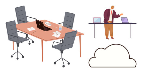 Conference table with chairs, laptops, papers, and water glass, adjacent figure presenting on laptops. Ideal for teamwork, business, cloud technology, presentations remote work collaboration
