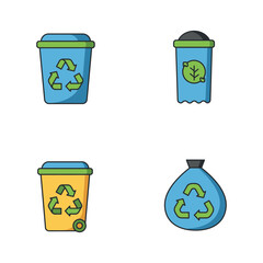 Recycling Bins and Bags with Recycle Symbols in a Flat Design
