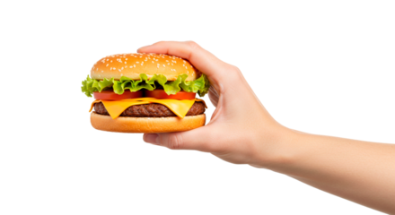 A hand holding a hamburger with lettuce tomato cheese and a sesame seed bun on a black background on transparent background