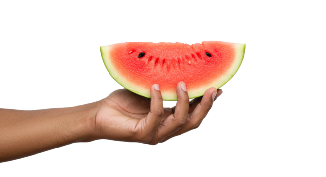A hand holding a slice of watermelon with a black background making it look fresh and delicious on transparent background - Powered by Adobe