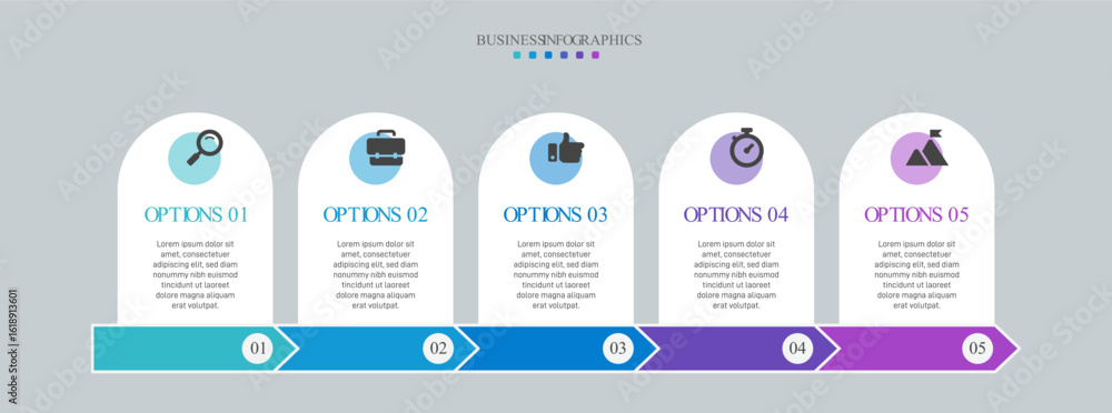 Poster progress bar featuring 5 arrow-shaped elements, symbolizing the five stages of business strategy and