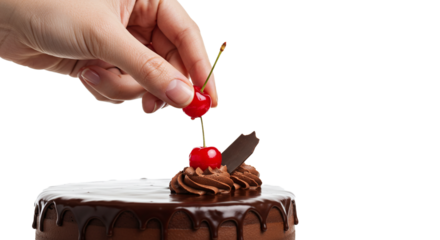 A hand placing a cherry on top of a chocolate cake with chocolate frosting and a chocolate piece decoration on transparent background