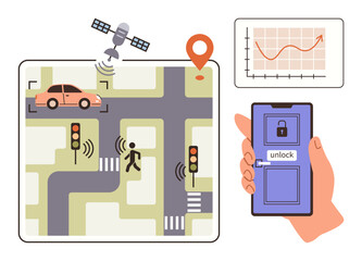 GPS satellite monitors vehicle and pedestrian at crossroad with smart signals, mobile app unlocks door, and growth chart displays data. Ideal for mobility, security, tracking, technology, IoT