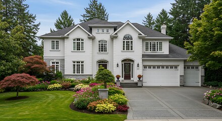 Contemporary big white custom made luxury house in the suburbs of vancouver, canada. large family house with nicely landscaped front yard and driveway to garage property in prime location