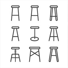Bar Stool Leg Icons. Outline icon set of bar stool leg types: straight leg, tapered leg, hairpin leg, tripod leg, pedestal leg,