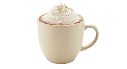 A creamy mug of hot chocolate with whipped cream and cinnamon on a black background isolated image on transparent background