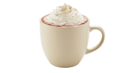 A creamy mug of hot chocolate with whipped cream and cinnamon on a black background isolated image on transparent background
