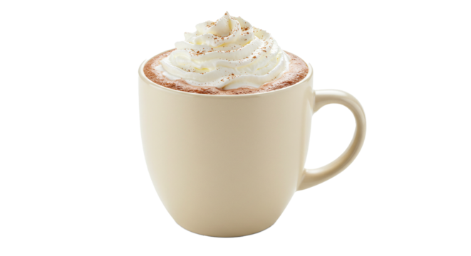 A creamy mug of hot chocolate with whipped cream and cinnamon on a black background isolated image on transparent background