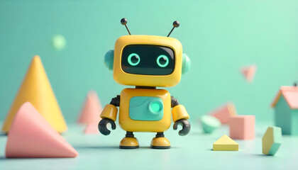 Obraz premium Cute yellow robot with glowing eyes surrounded by geometric shapes