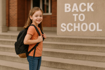 Smiling student carrying backpack returns to school for new academic year