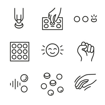 Bubble Wrap Icon Set. Outline icon set of bubble wrap stress relief interactions: finger pressing bubble, hand popping bubble,
